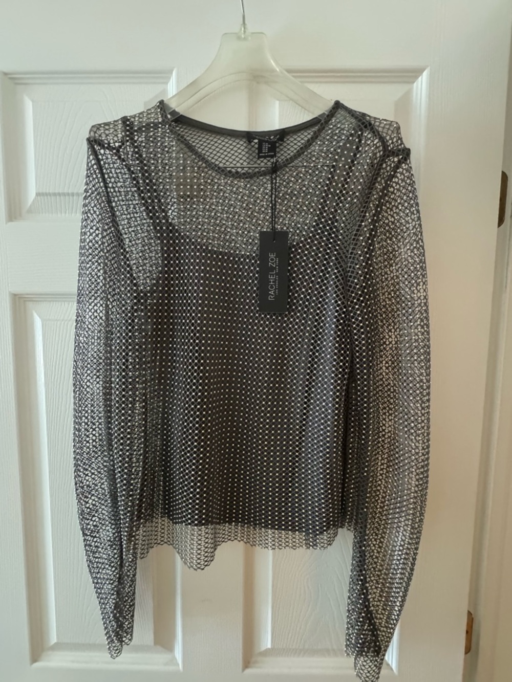 Rachel Zoe Rhinestone Silver Sheer Mesh Long-Sleeve Top with Matching Cami